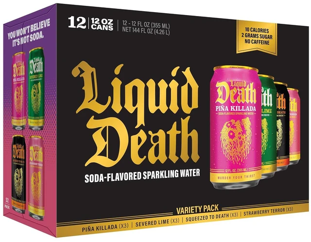 Main image of Liquid Death Soda-Flavored Sparkling Water, 4 Flavors (Lime, Orange, Strawberry, Pia Killada), 12 Fl Oz, Pack of 12