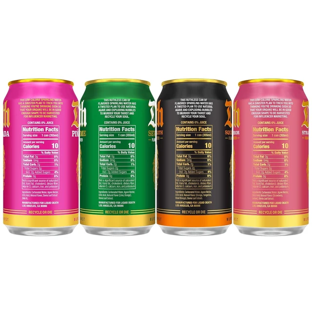 Alt view image 5 of 5 - Liquid Death Soda-Flavored Sparkling Water, 4 Flavors (Lime, Orange, Strawberry, Pia Killada), 12 Fl Oz, Pack of 12