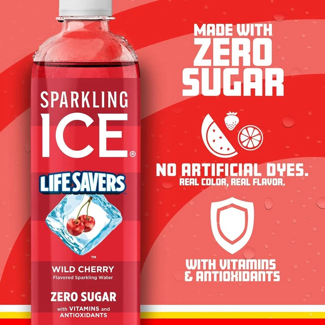 Alt view image 5 of 7 - Sparkling Ice LIFESAVERS Wild Cherry Zero Sugar Flavored Sparkling Water, with Vitamins and Antioxidants, No Artificial Dyes, Low Calorie, 17 fl oz Bottles (Pack of 12)