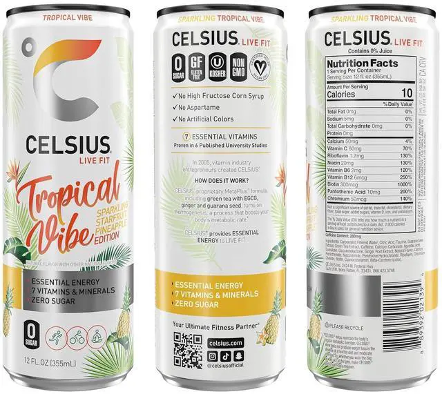 Alt view image 5 of 5 - CELSIUS Sparkling Tropical Vibe 12 Fl Oz (Pack of 12) Functional Essential Energy Drink