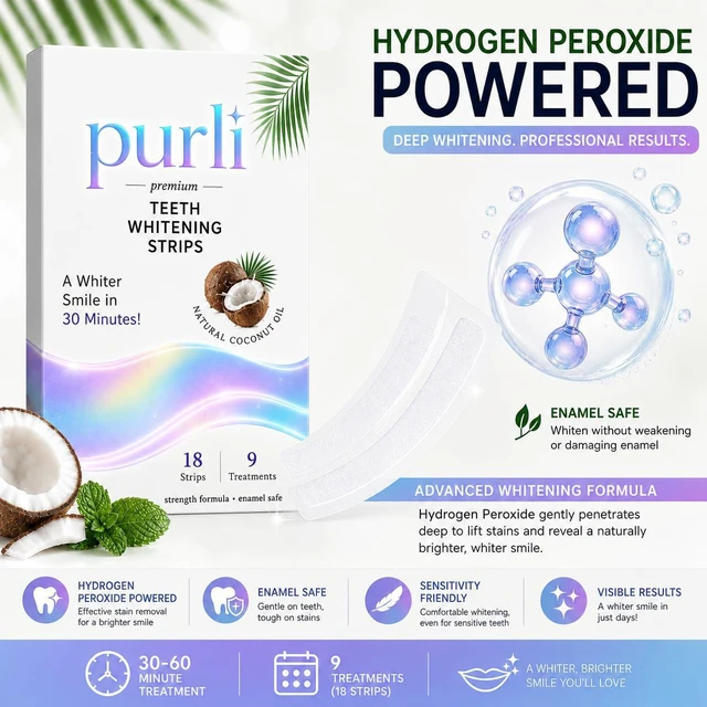 Alt view image 6 of 6 - Purli Professional Whitening Strips 9-Day Treatment, Natural Coconut Oil, for Sensitive People, Gum & Enamel Safe, Dry Strip