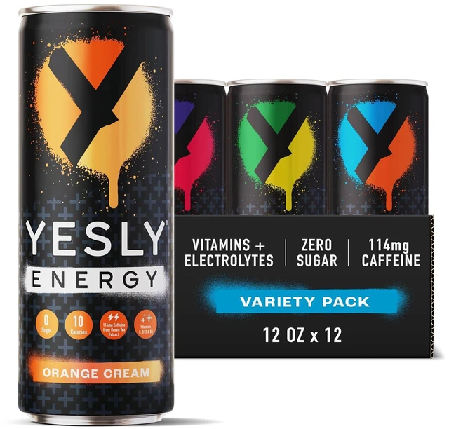 Main image of Yesly Energy Drink Variety Pack, Naturally Flavored Sparkling with Electrolytes, Magnesium, Potassium, Vitamin C, B6 & B12, Natural Caffeine from Green Tea, 12 Fl Oz Cans