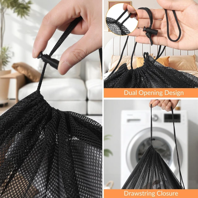 Alt view image 5 of 6 - 2 Pack Heavy Duty Mesh Laundry Bags with Drawstring, Large & Small, for Travel, College, Dorms, Sports, Family - Black
