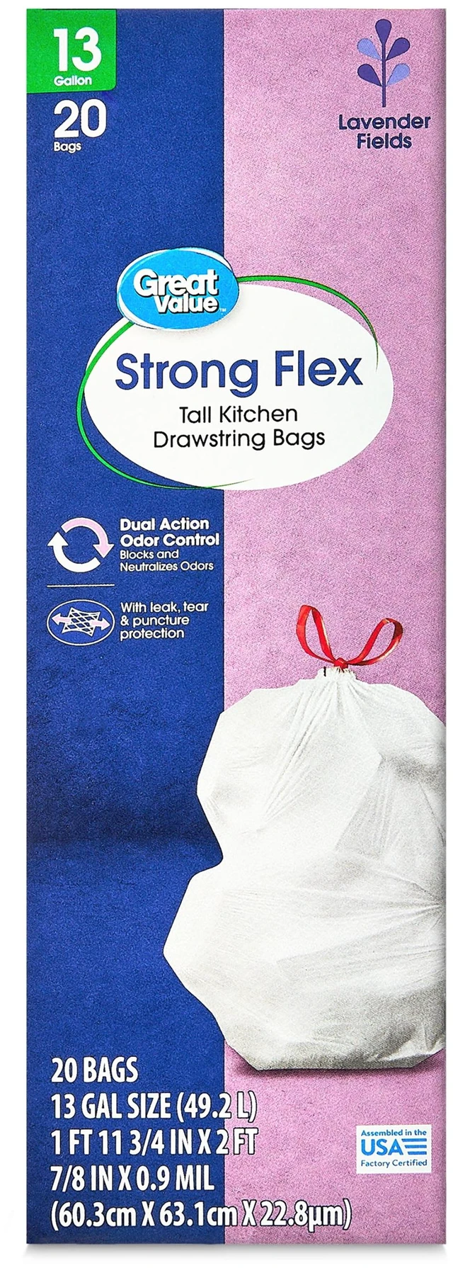 Alt view image 5 of 6 - Great Value Strong Flex 13-Gallon Drawstring Tall Kitchen Trash Bags, Lavender Fields Scent, 20 Bags