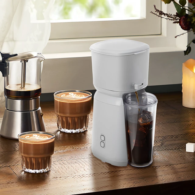 Alt view image 6 of 6 - Mainstays Single Serve Iced Coffee Maker Soft Silver with Travel Tumbler and Reusable Filter