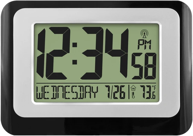 Main image of MainStays W88631 Atomic Digital Calendar Desk Alarm Clock with Temperature, Black