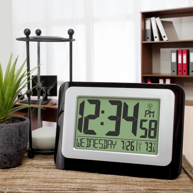 Alt view image 2 of 5 - MainStays W88631 Atomic Digital Calendar Desk Alarm Clock with Temperature, Black