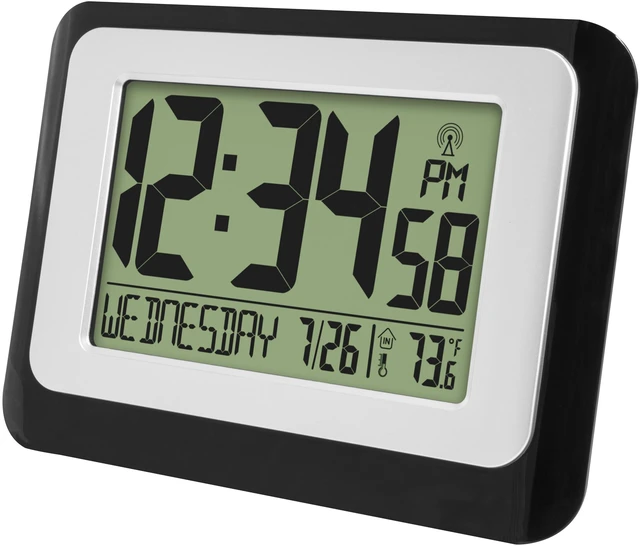 Alt view image 3 of 5 - MainStays W88631 Atomic Digital Calendar Desk Alarm Clock with Temperature, Black