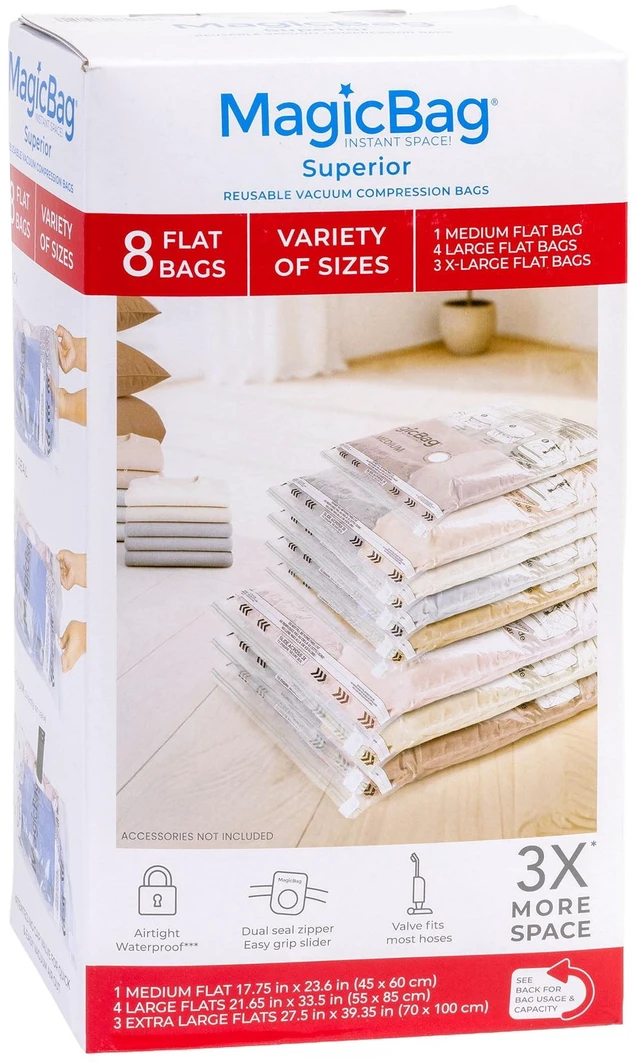Main image of MagicBag 8-Pack Vacuum Storage Bags, Variety Pack Flat Compression Bags for Clothing & Bedding, Space Saving & Airtight