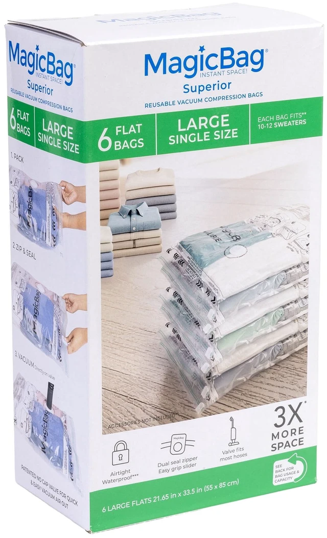 Main image of MagicBag 6 Pack Large Vacuum Storage Bags Flat Compression for Clothing, Space Saving & Airtight