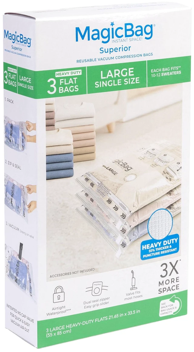 Main image of MagicBag Large Heavy Duty Vacuum Storage Bags, 3-Pack Flat Compression Bags for Clothing, Space Saving & Airtight