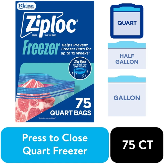 Main image of Ziploc Freezer Food Storage Bags, Grip 'n Seal Technology, Zipper, Quart, 75 Count