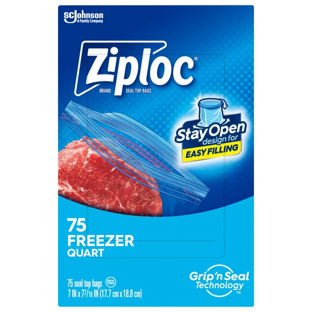 Alt view image 2 of 5 - Ziploc Freezer Food Storage Bags, Grip 'n Seal Technology, Zipper, Quart, 75 Count