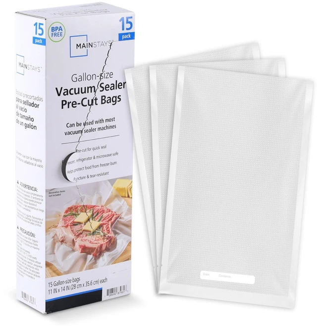 Main image of Mainstays Vacuum Sealer Bags, Gallon, 11in x 14in, 15Count, BPA-Free, for Food Storage and Sous Vide, Works with All Brands Food Vacuum Sealer Machines