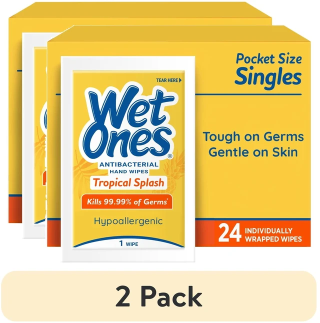 Main image of Wet Ones Antibacterial Hand Wipes, 2 Pack, Tropical Splash Citrus Scent, 24 Count Individually Wrapped