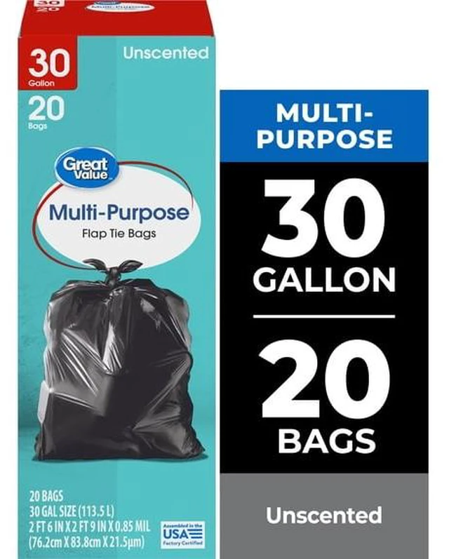 Main image of Great Value 30-Gallon Large Flap Tie Trash Bags, 20 Bags