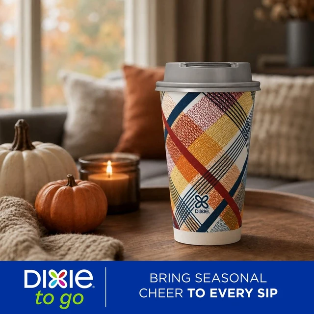 Alt view image 6 of 6 - Dixie To Go Disposable 16oz Paper Cups with Slider Lid, Cozy Plaid, 18 Count