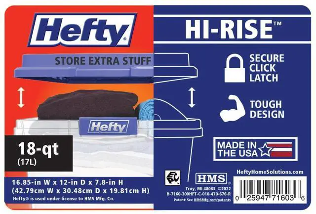 Alt view image 3 of 6 - Hefty HI-RISE 18 Quart Small Latching Storage Bin, Clear Plastic Storage Container with Latch HI-RISE Lid, Blue