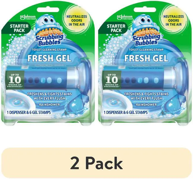 Main image of (2 pack) Scrubbing Bubbles Automatic Toilet Bowl Cleaner, Fresh Gel Cleaning Stamp, Rainshower, Dispenser & 6 Gel Stamps