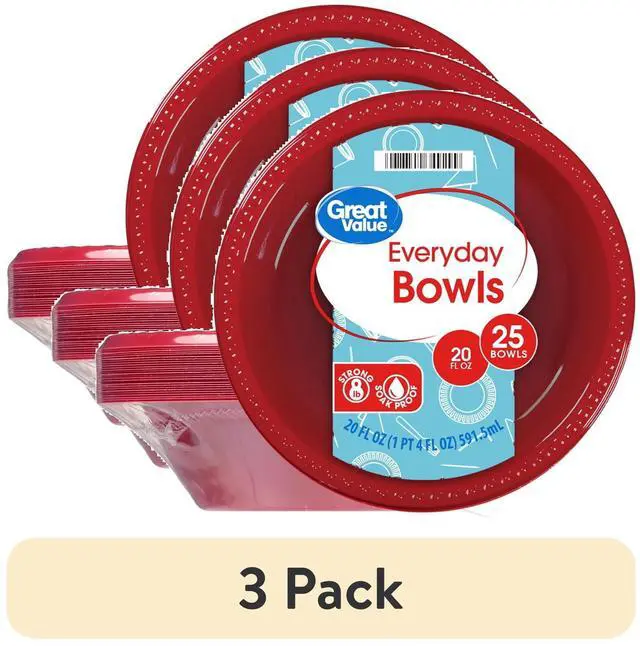 Main image of (3 pack) Great Value Everyday Disposable Plastic Bowls, Red, 20 oz, 25 Count