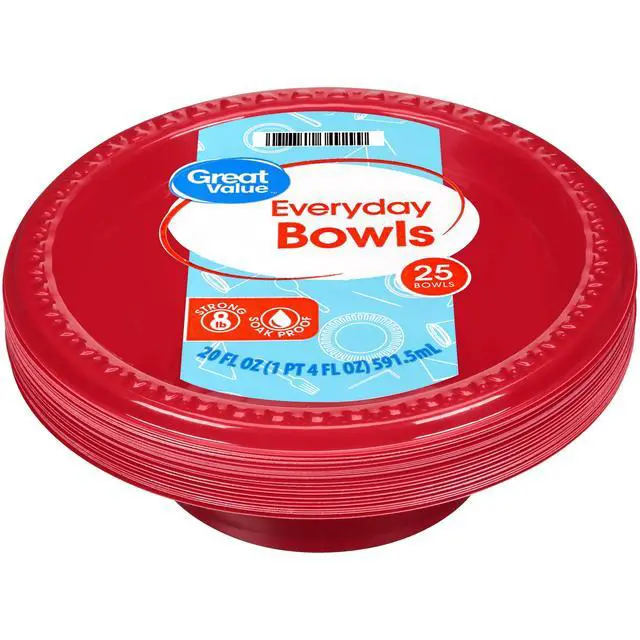 Alt view image 4 of 6 - (3 pack) Great Value Everyday Disposable Plastic Bowls, Red, 20 oz, 25 Count