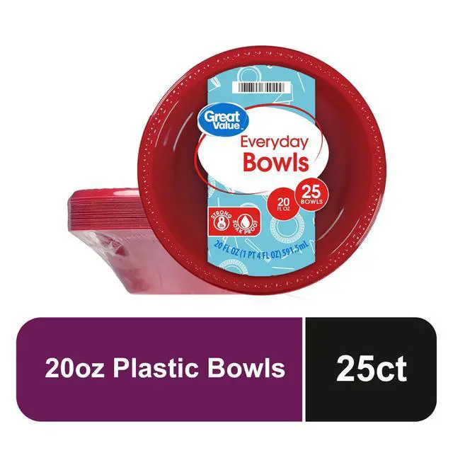 Alt view image 3 of 6 - (3 pack) Great Value Everyday Disposable Plastic Bowls, Red, 20 oz, 25 Count