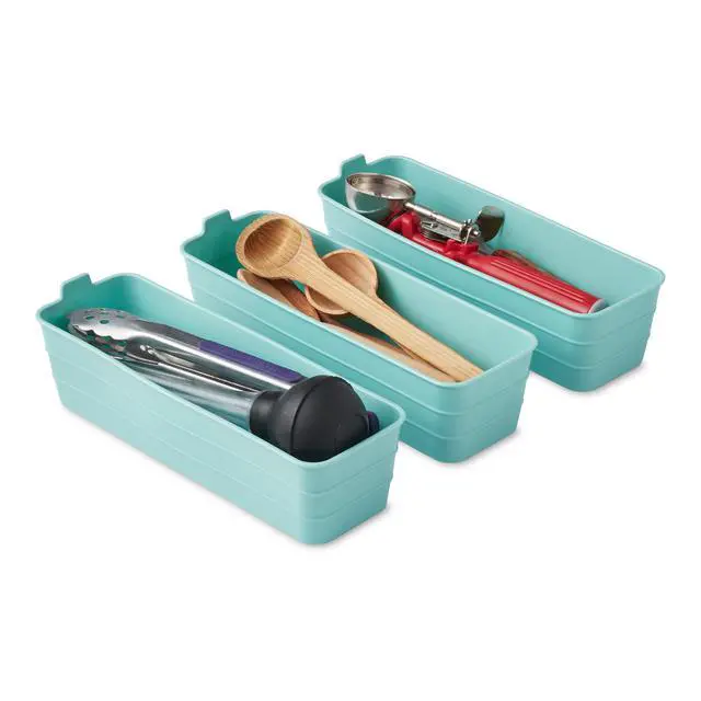 Alt view image 6 of 7 - (2 pack) Mainstays 3-Pack Flexible Plastic Drawer Organizer Bins, Green, 10.4 in x 3.2 in x 2.9 in