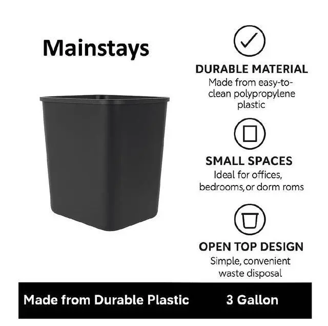 Alt view image 2 of 7 - (2 pack) Mainstays Bathroom Trash Can, 3 Gallon Plastic Open Top Garbage Bucket Bin, Black