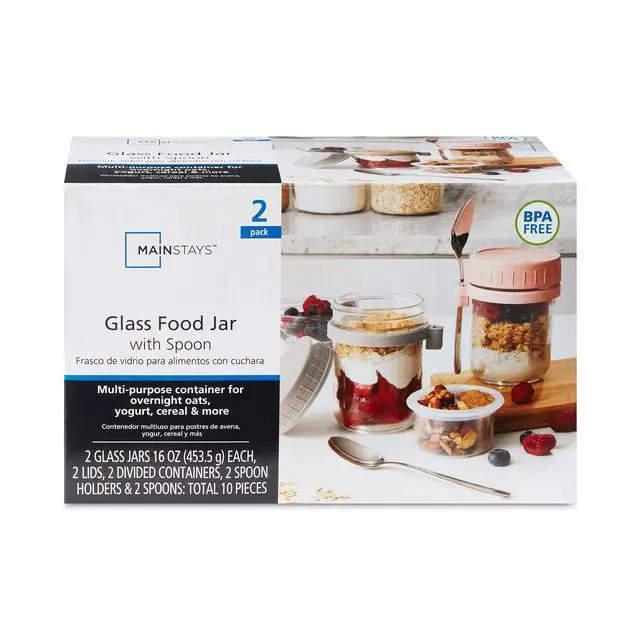 Alt view image 2 of 5 - Mainstays Portable Overnight Oats Food Jar and Parfait Container Set, Glass, 16 oz, 2 Count