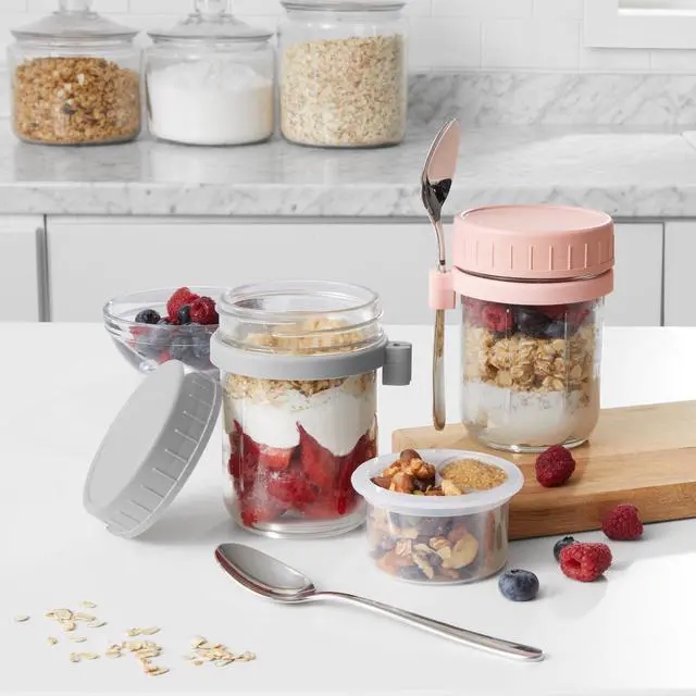 Alt view image 4 of 5 - Mainstays Portable Overnight Oats Food Jar and Parfait Container Set, Glass, 16 oz, 2 Count