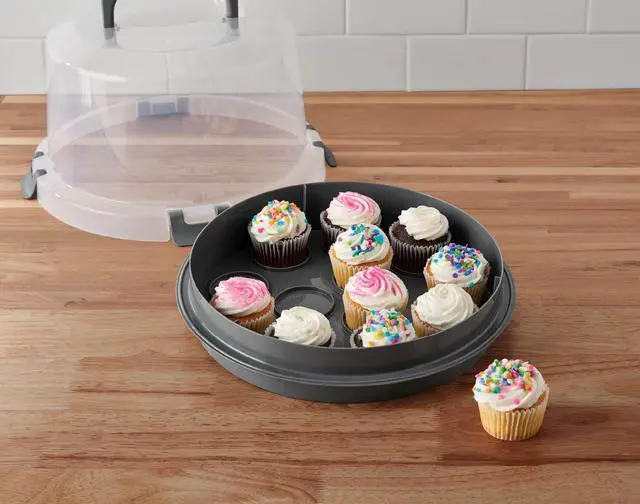 Alt view image 6 of 6 - Mainstays Cake & Cupcake Carrier with Flippable Base, Lid, Handle and Clasps, Gray Plastic