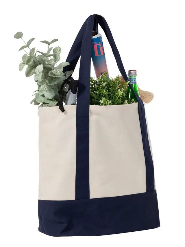 Alt view image 2 of 6 - (2 pack) Planet E Deluxe Reusable Canvas Shopping Bag, Large Grocery Tote Bag, Navy/Beige