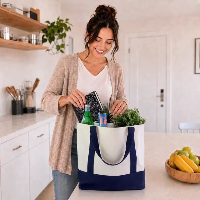 Alt view image 5 of 6 - (2 pack) Planet E Deluxe Reusable Canvas Shopping Bag, Large Grocery Tote Bag, Navy/Beige