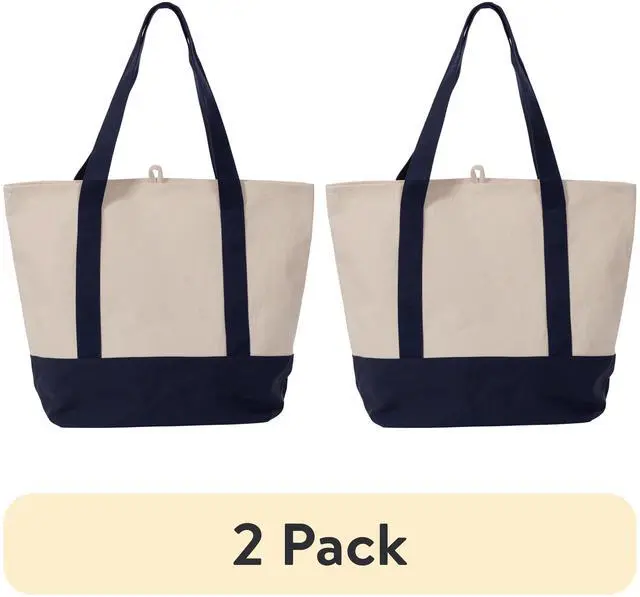 Main image of (2 pack) Planet E Deluxe Reusable Canvas Shopping Bag, Large Grocery Tote Bag, Navy/Beige