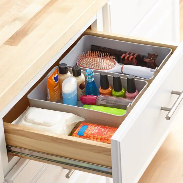 Alt view image 4 of 6 - (2 pack) Mainstays 2-Pack Flexible Drawer Storage Organizer Bins, Plastic Drawer Organizer Containers for Kitchen Drawer, Desk Drawer and Bathroom Drawer Organization, Gray