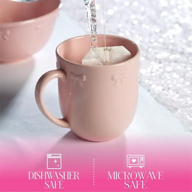 Alt view image 6 of 6 - Paris Hilton London Collection Stoneware Bow Mug, Embossed Bow Detailing, Microwave & Dishwasher Safe, 16-Ounce, Blush Pink