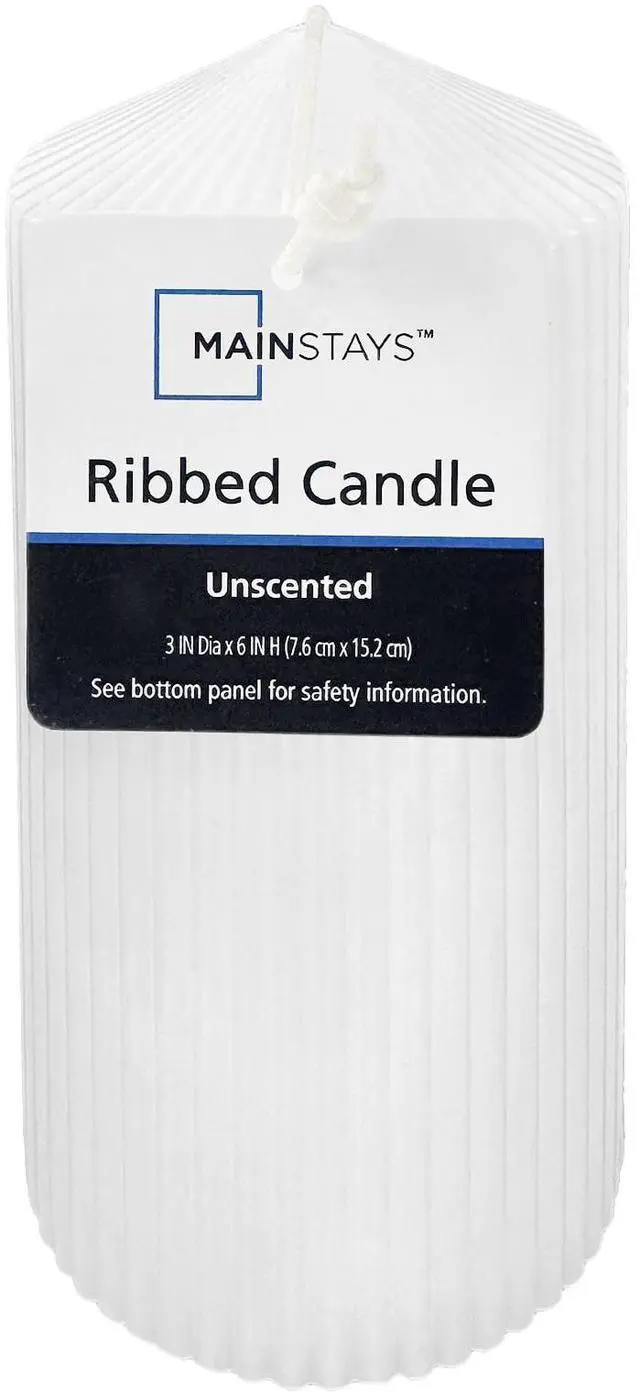 Main image of Mainstays Unscented Ribbed Pillar Candle, White, 3 in x 6 in