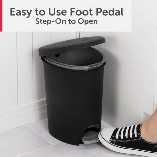 Main image of Sterilite Small Bathroom Trash Can, 2.6 Gallon Plastic Garbage Bucket Bin with Step Lid, Black