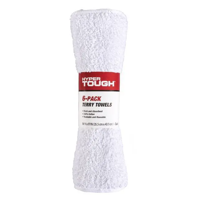 Alt view image 6 of 6 - Hyper Tough Terry Towels, 100% Cotton, 14 in x 17 in, White, 6-Pack