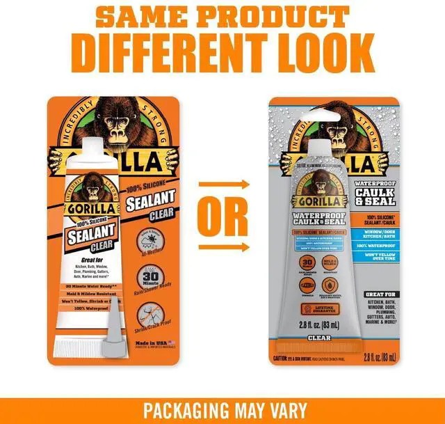 Alt view image 2 of 6 - Gorilla Waterproof Caulk & Seal Silicone Sealant, 2.8oz Squeeze Tube - Clear Caulking Sealant for Kitchen, Window, Bath, Marine, Door and More