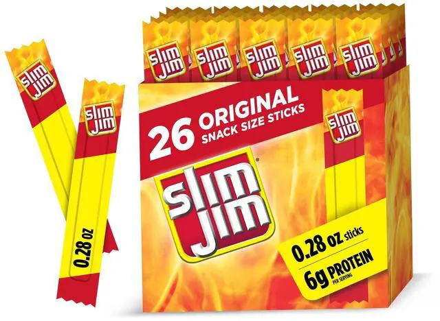 Main image of Slim Jim Smoked Jerky Snack Sticks, Original Flavor, 6g Protein Per Serving, Lunchbox Snacks, 0.28 oz. (26-Count)
