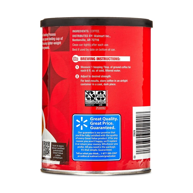 Alt view image 7 of 7 - Great Value Classic Roast Ground Naturally Caffeinated Coffee, 9.6 oz Canister
