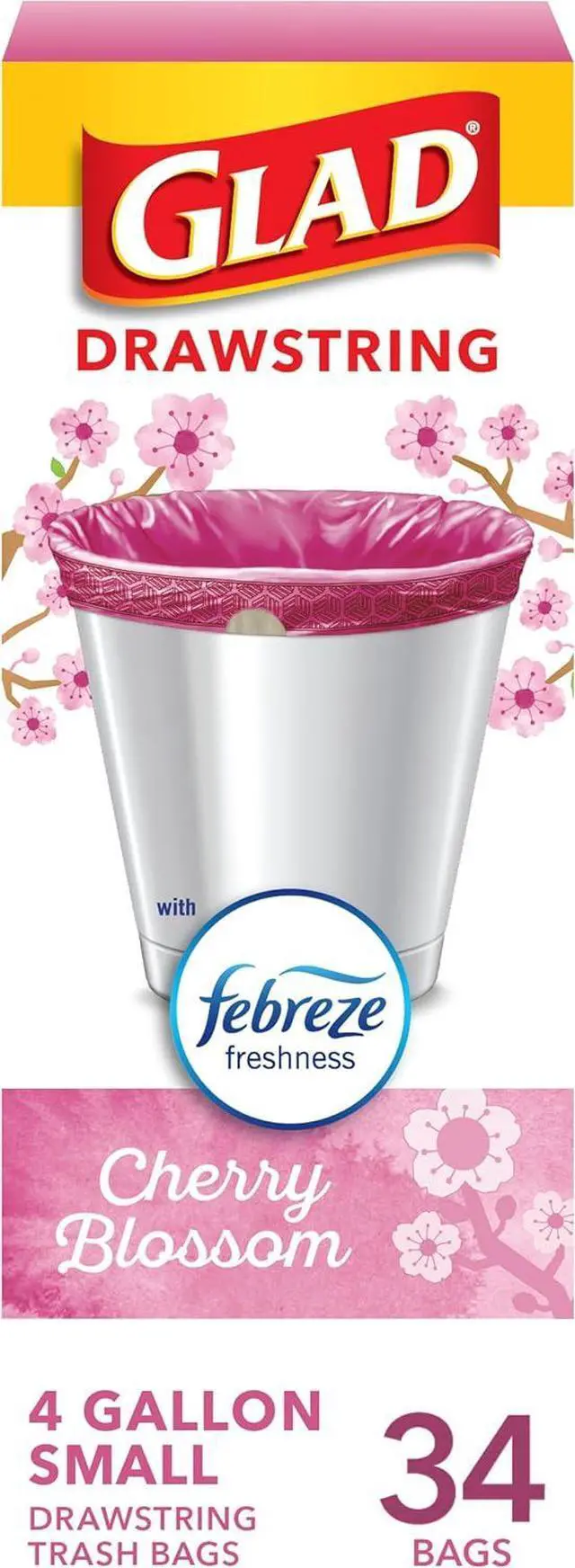 Main image of Glad Small Trash Bags 4 Gallon, Febreze Cherry Blossom Garbage Bags, Odor Resistant with Drawstring, 34 Count