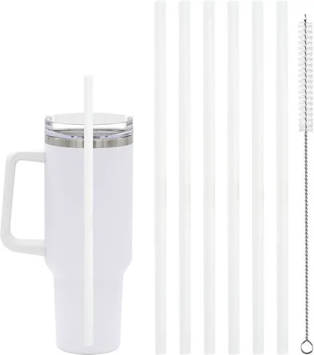 Main image of 6 replacement straws for 40 oz/30 oz water cups, with cleaning brush included.