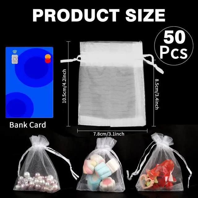 Alt view image 5 of 6 - Organza Drawstring Bags - White, 50-Pack, 3x4 Inch, Sheer Mesh Gift Pouches for Jewelry, Party Favors, Wedding, Christmas
