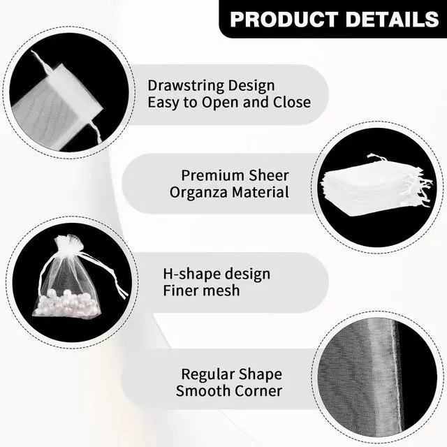 Alt view image 2 of 6 - Organza Drawstring Bags - White, 50-Pack, 3x4 Inch, Sheer Mesh Gift Pouches for Jewelry, Party Favors, Wedding, Christmas