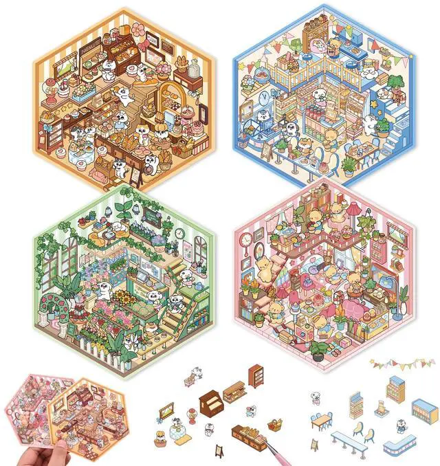Main image of DIY 3D House Scene Stickers - 4 Sets, Warm Home, Supermarket, Bakery, Flower Shop, Cute Fun Stacking Miniature Cartoon for Adults and Kids, Stress Relief and Passing Time
