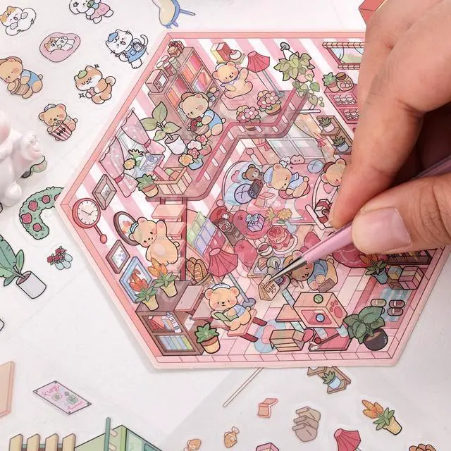 Alt view image 5 of 6 - DIY 3D House Scene Stickers - 4 Sets, Warm Home, Supermarket, Bakery, Flower Shop, Cute Fun Stacking Miniature Cartoon for Adults and Kids, Stress Relief and Passing Time
