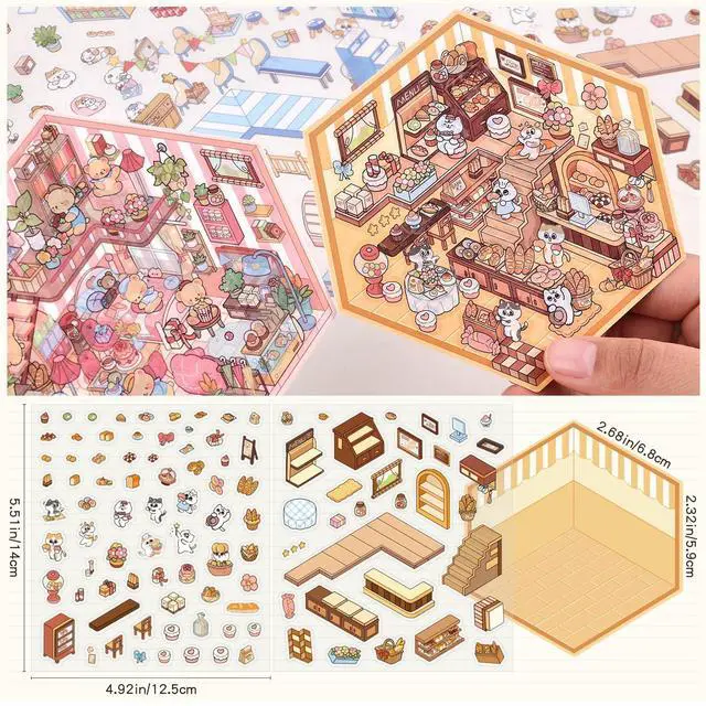 Alt view image 6 of 6 - DIY 3D House Scene Stickers - 4 Sets, Warm Home, Supermarket, Bakery, Flower Shop, Cute Fun Stacking Miniature Cartoon for Adults and Kids, Stress Relief and Passing Time