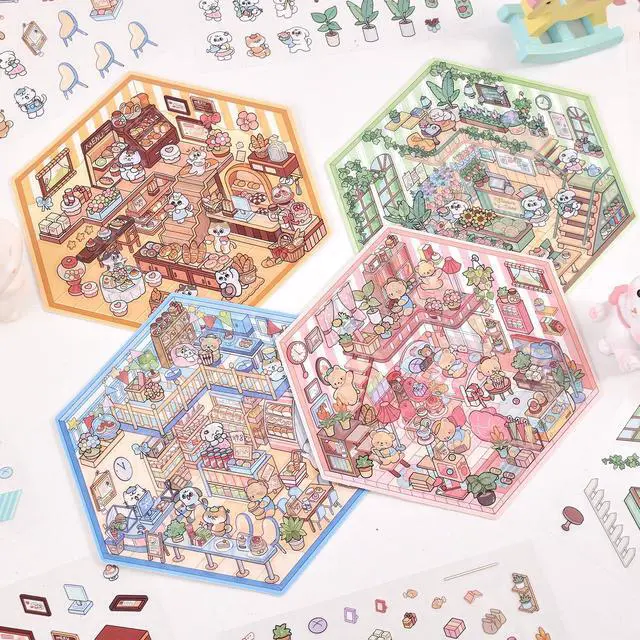 Alt view image 4 of 6 - DIY 3D House Scene Stickers - 4 Sets, Warm Home, Supermarket, Bakery, Flower Shop, Cute Fun Stacking Miniature Cartoon for Adults and Kids, Stress Relief and Passing Time